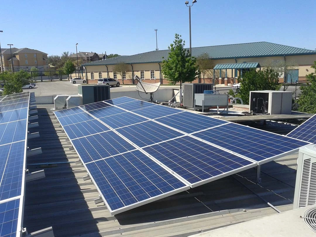 A commercial rooftop solar array in production